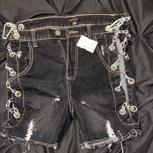Black Distressed Denim Shorts with Chain Detail